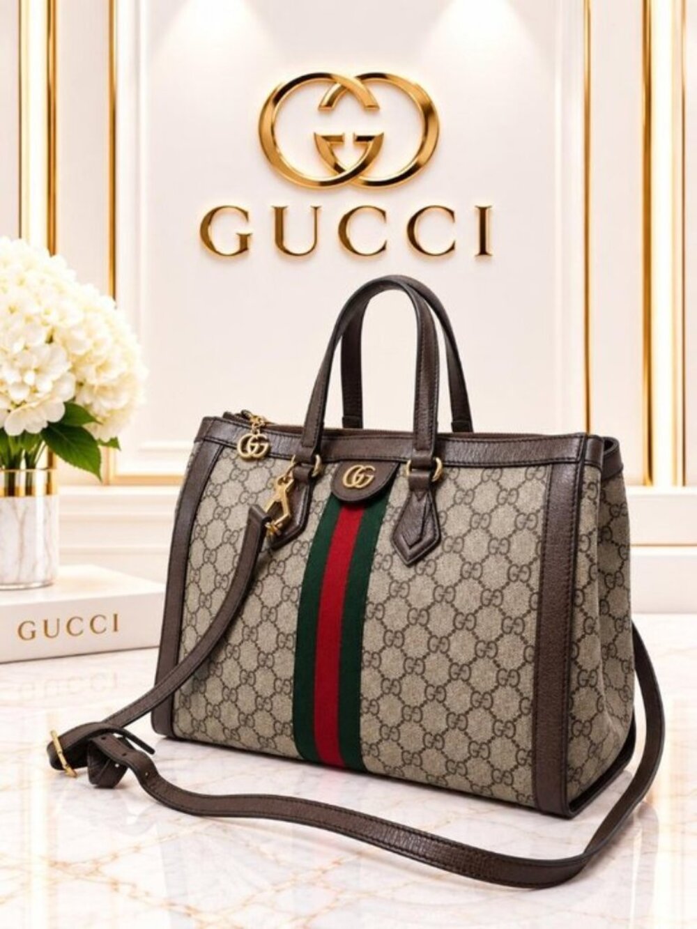 Authentic Gucci Ophidia GG Supreme Web Stripe Tote Shoulder Crossbody Bag Brown